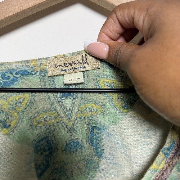 One World Women Forest Fairy Top XL Green Paisley Lace Flare Sleeve V-Neck Gobli - Picture 3 of 11